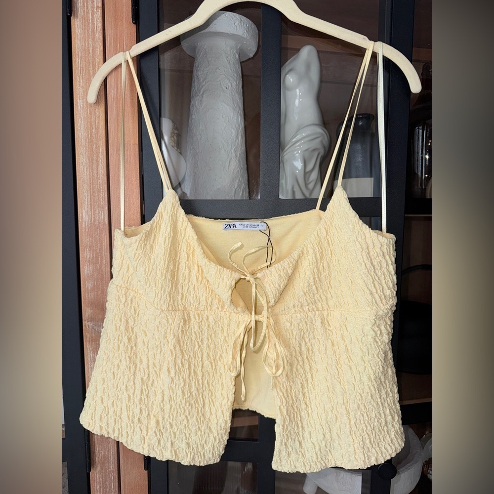 Zara tie front babydoll tank top bows butter yellow spaghetti straps cropped